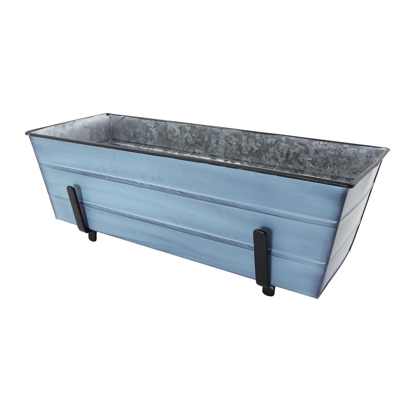 ACHLA Medium Flower Box Kit for 2x6 Railings | Nantucket Blue Galvanized Steel Planter with Black Wrought Iron Brackets | Deck | Model C20NB-K6