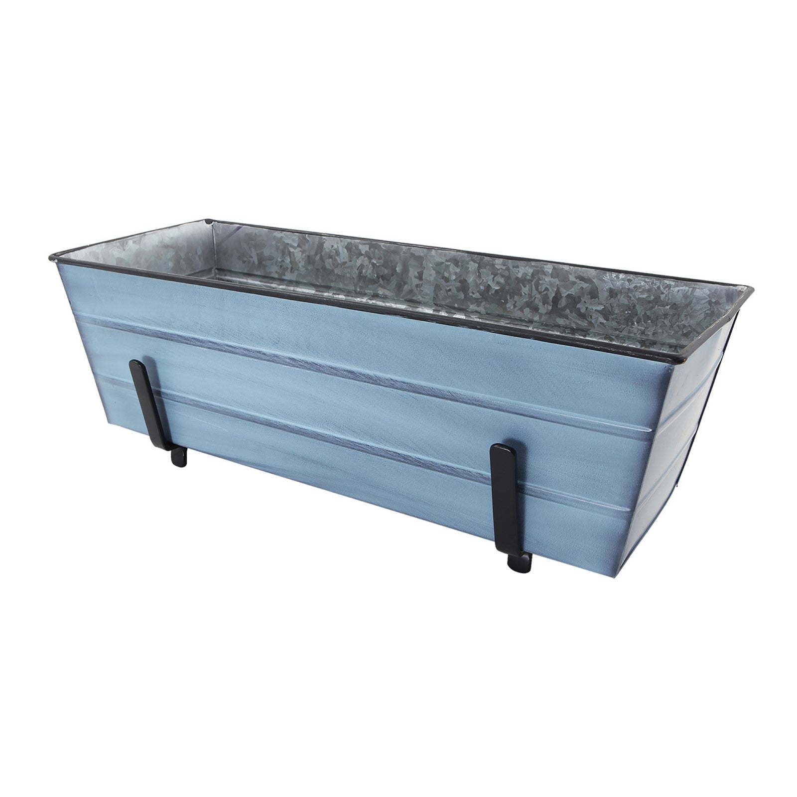 ACHLA Medium Flower Box Kit for 2x6 Railings | Nantucket Blue Galvanized Steel Planter with Black Wrought Iron Brackets | Deck | Model C20NB-K6