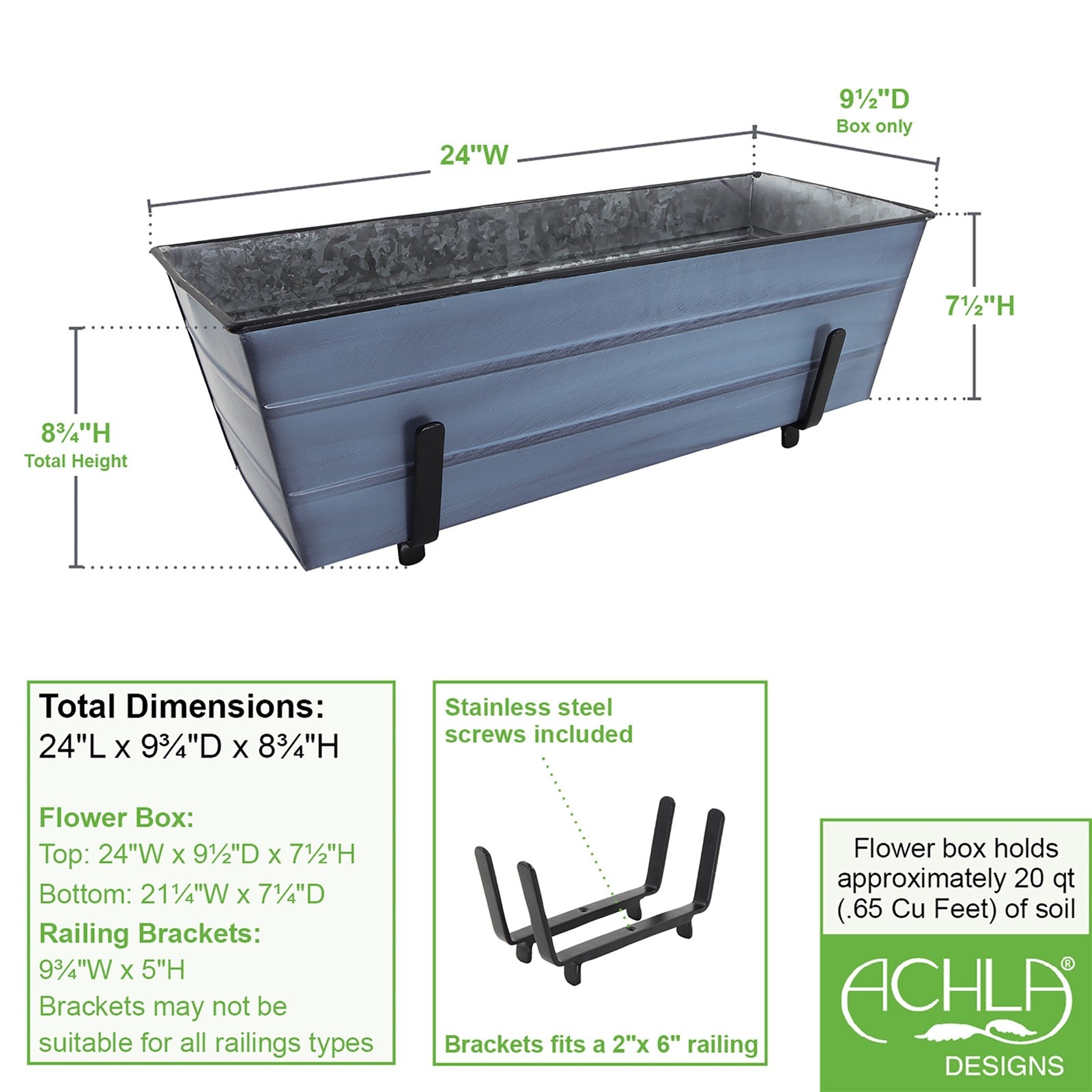 ACHLA Medium Flower Box Kit for 2x6 Railings | Nantucket Blue Galvanized Steel Planter with Black Wrought Iron Brackets | Deck | Model C20NB-K6