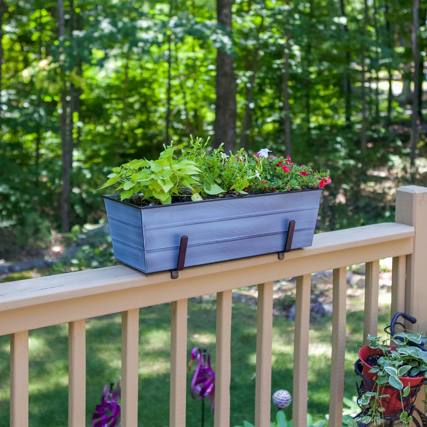 ACHLA Medium Flower Box Kit for 2x6 Railings | Nantucket Blue Galvanized Steel Planter with Black Wrought Iron Brackets | Deck | Model C20NB-K6