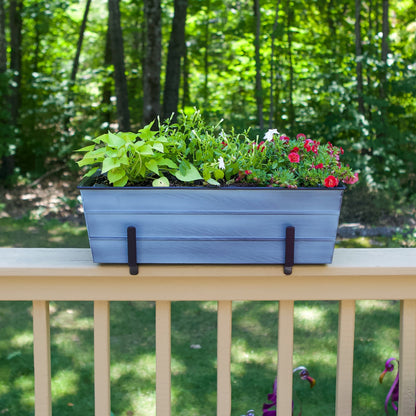 ACHLA Medium Flower Box Kit for 2x6 Railings | Nantucket Blue Galvanized Steel Planter with Black Wrought Iron Brackets | Deck | Model C20NB-K6