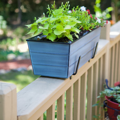 ACHLA Medium Flower Box Kit for 2x6 Railings | Nantucket Blue Galvanized Steel Planter with Black Wrought Iron Brackets | Deck | Model C20NB-K6