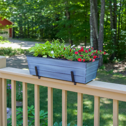 ACHLA Medium Flower Box Kit for 2x6 Railings | Nantucket Blue Galvanized Steel Planter with Black Wrought Iron Brackets | Deck | Model C20NB-K6