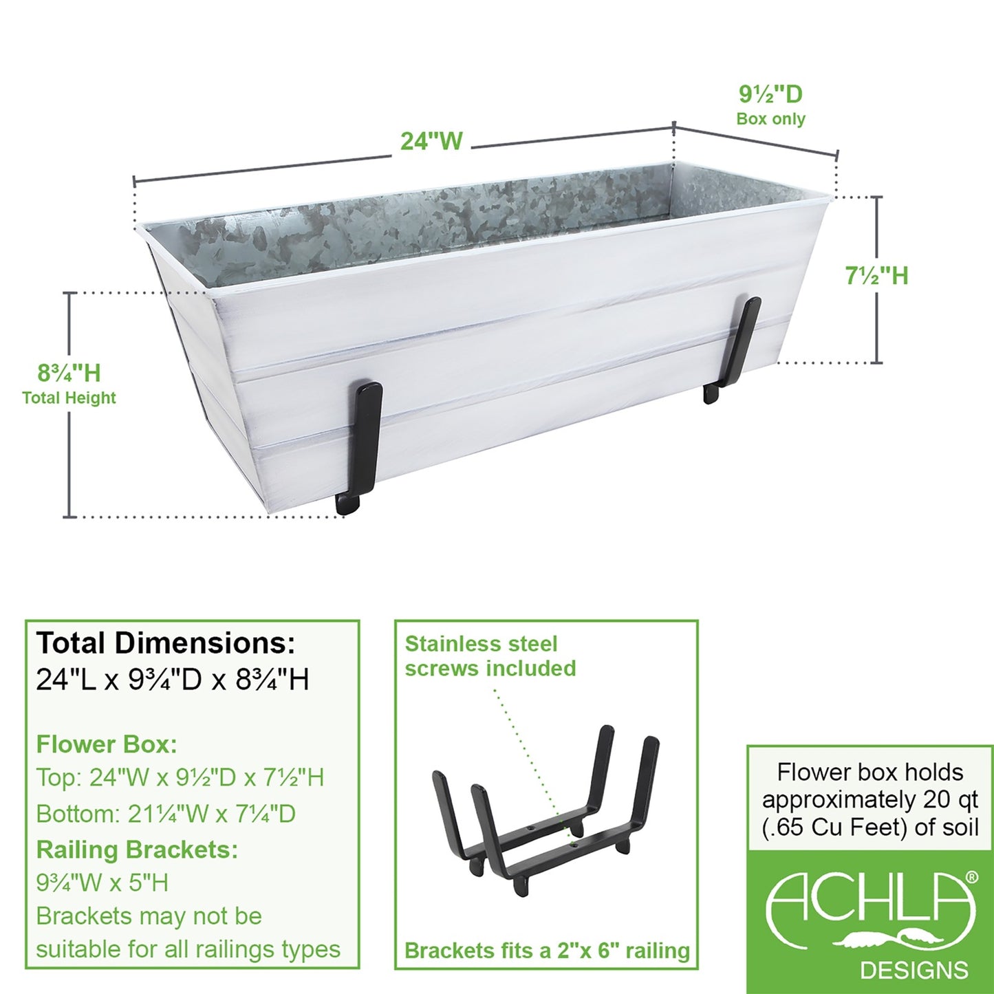 ACHLA Medium Flower Box Kit for 2x6 Railings | Cape Cod White Galvanized Steel and Black Wrought Iron | Front Porch & Deck Railing | Model C20W-K6
