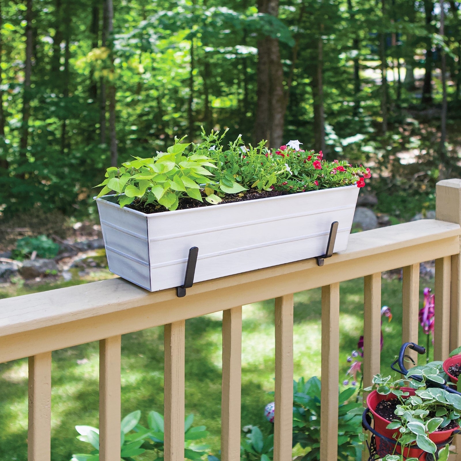 ACHLA Medium Flower Box Kit for 2x6 Railings | Cape Cod White Galvanized Steel and Black Wrought Iron | Front Porch & Deck Railing | Model C20W-K6