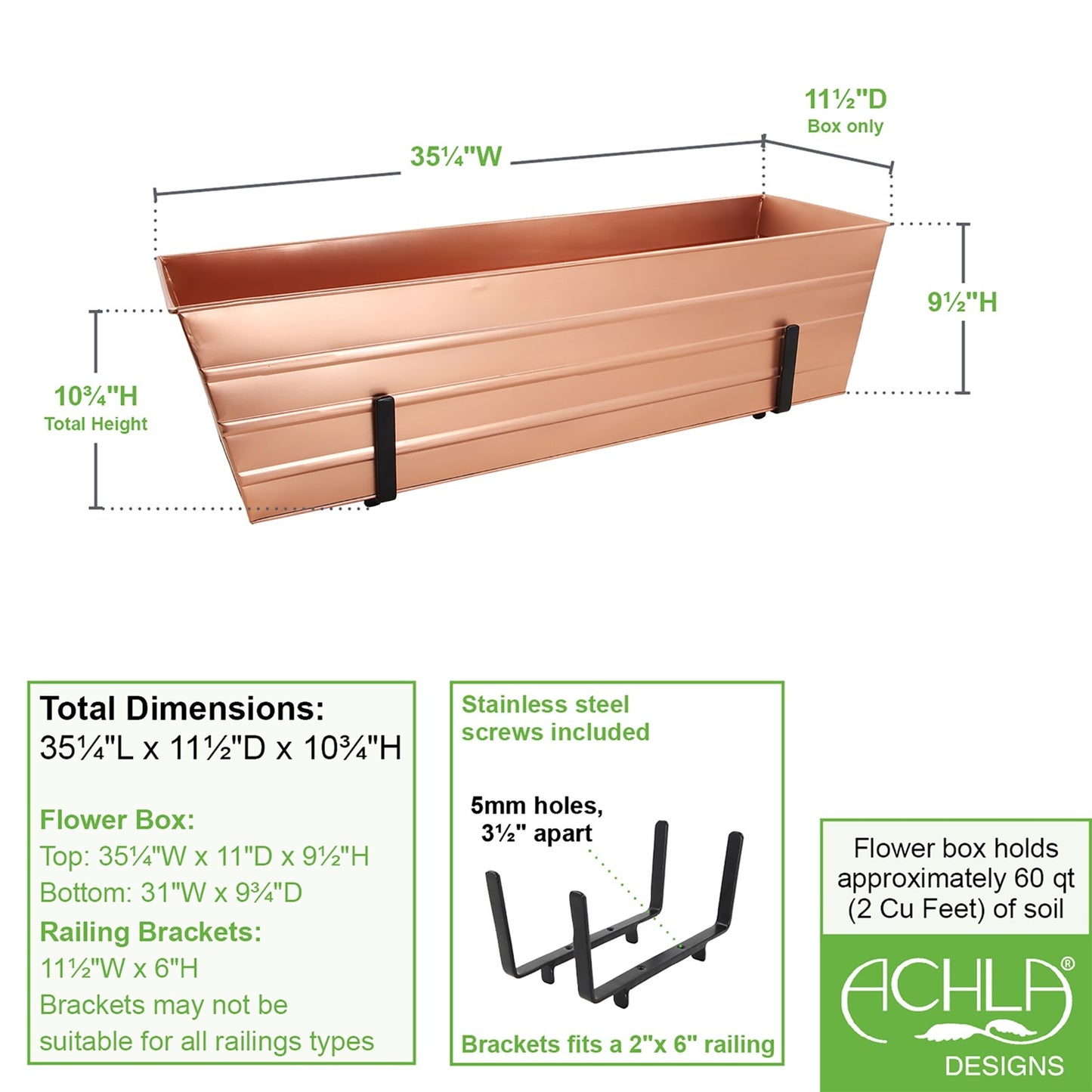 ACHLA Large Flower Box with Brackets | Copper Plated Galvanized Steel and Black Wrought Iron | Deck & Balcony Railing Planter | Model C21C-K6
