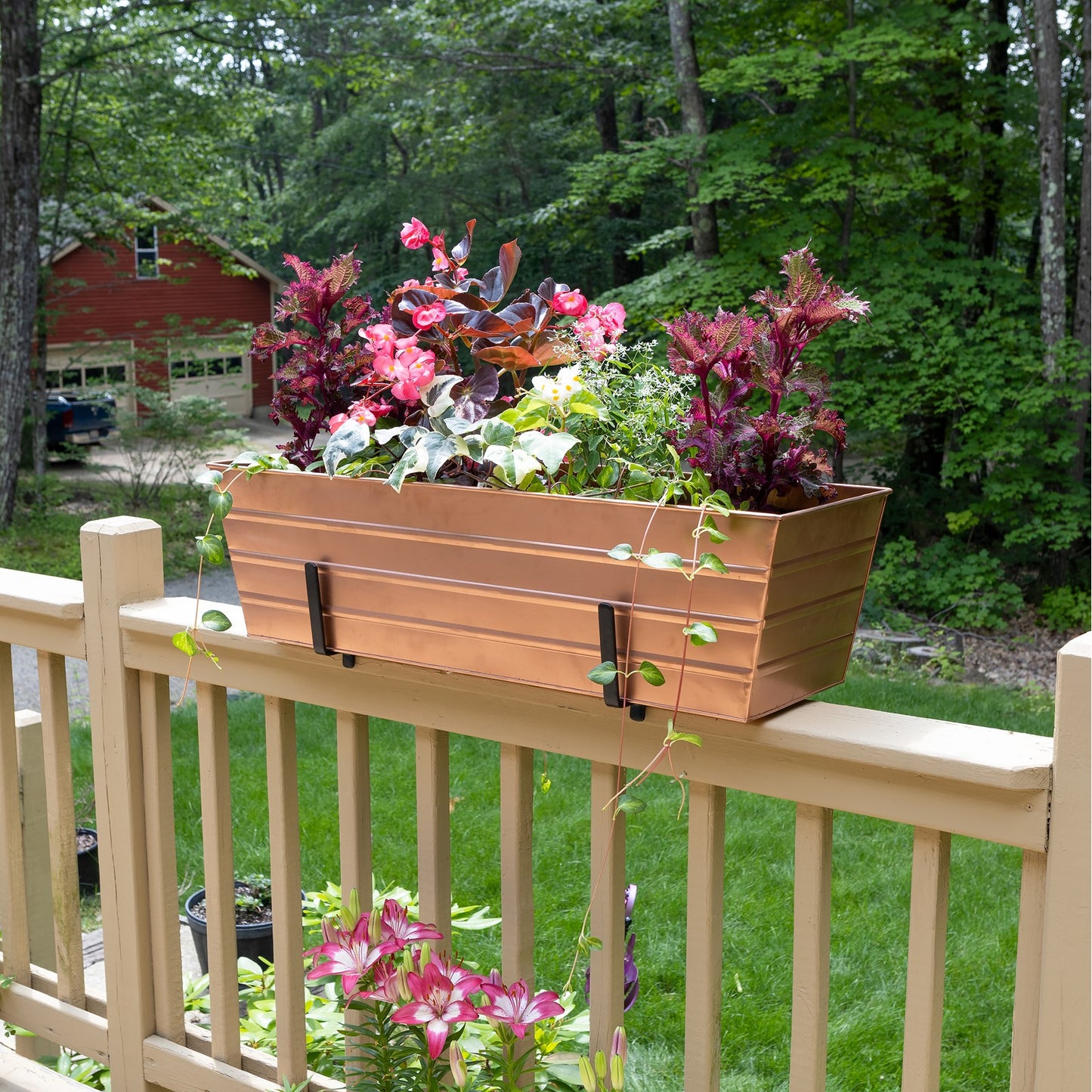 ACHLA Large Flower Box with Brackets | Copper Plated Galvanized Steel and Black Wrought Iron | Deck & Balcony Railing Planter | Model C21C-K6
