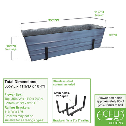 ACHLA Large Flower Box Kit | Nantucket Blue Galvanized Steel with Black Wrought Iron Brackets | Deck & Porch Railing Planter | Model C21NB-K6