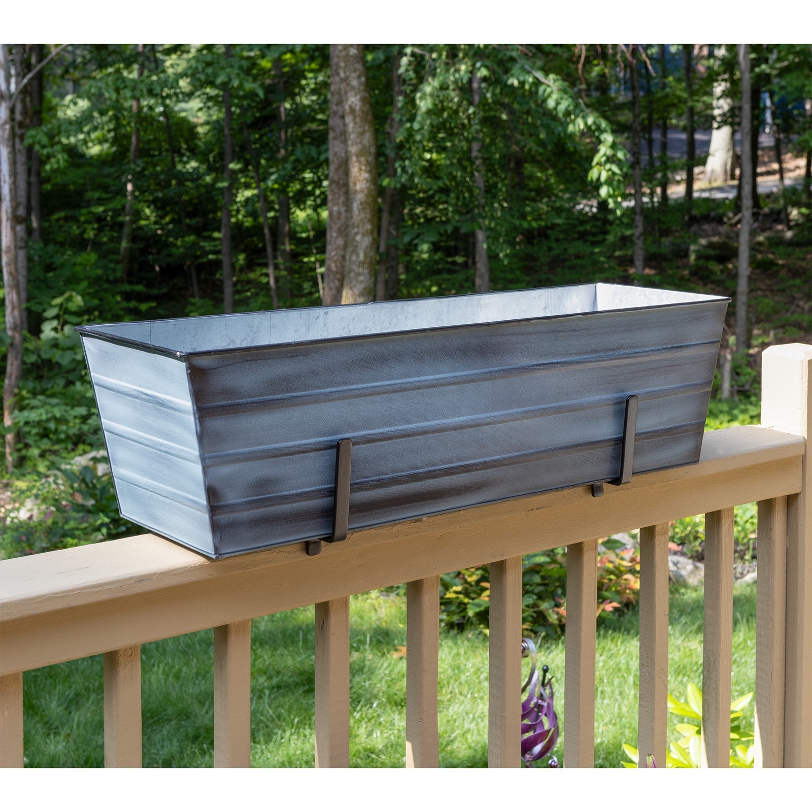 ACHLA Large Flower Box Kit | Nantucket Blue Galvanized Steel with Black Wrought Iron Brackets | Deck & Porch Railing Planter | Model C21NB-K6