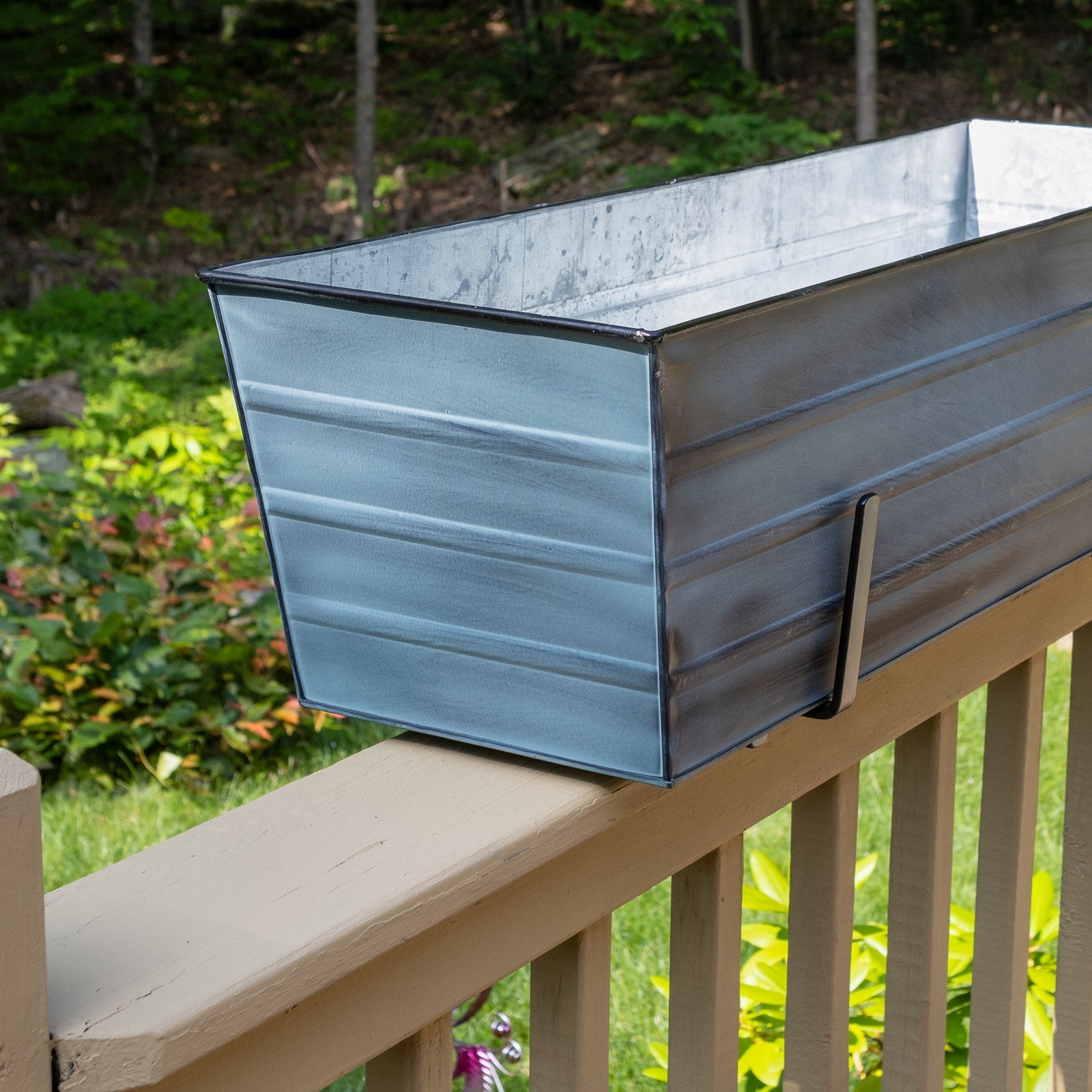 ACHLA Large Flower Box Kit | Nantucket Blue Galvanized Steel with Black Wrought Iron Brackets | Deck & Porch Railing Planter | Model C21NB-K6