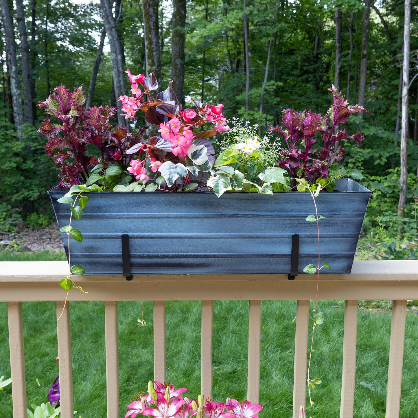 ACHLA Large Flower Box Kit | Nantucket Blue Galvanized Steel with Black Wrought Iron Brackets | Deck & Porch Railing Planter | Model C21NB-K6