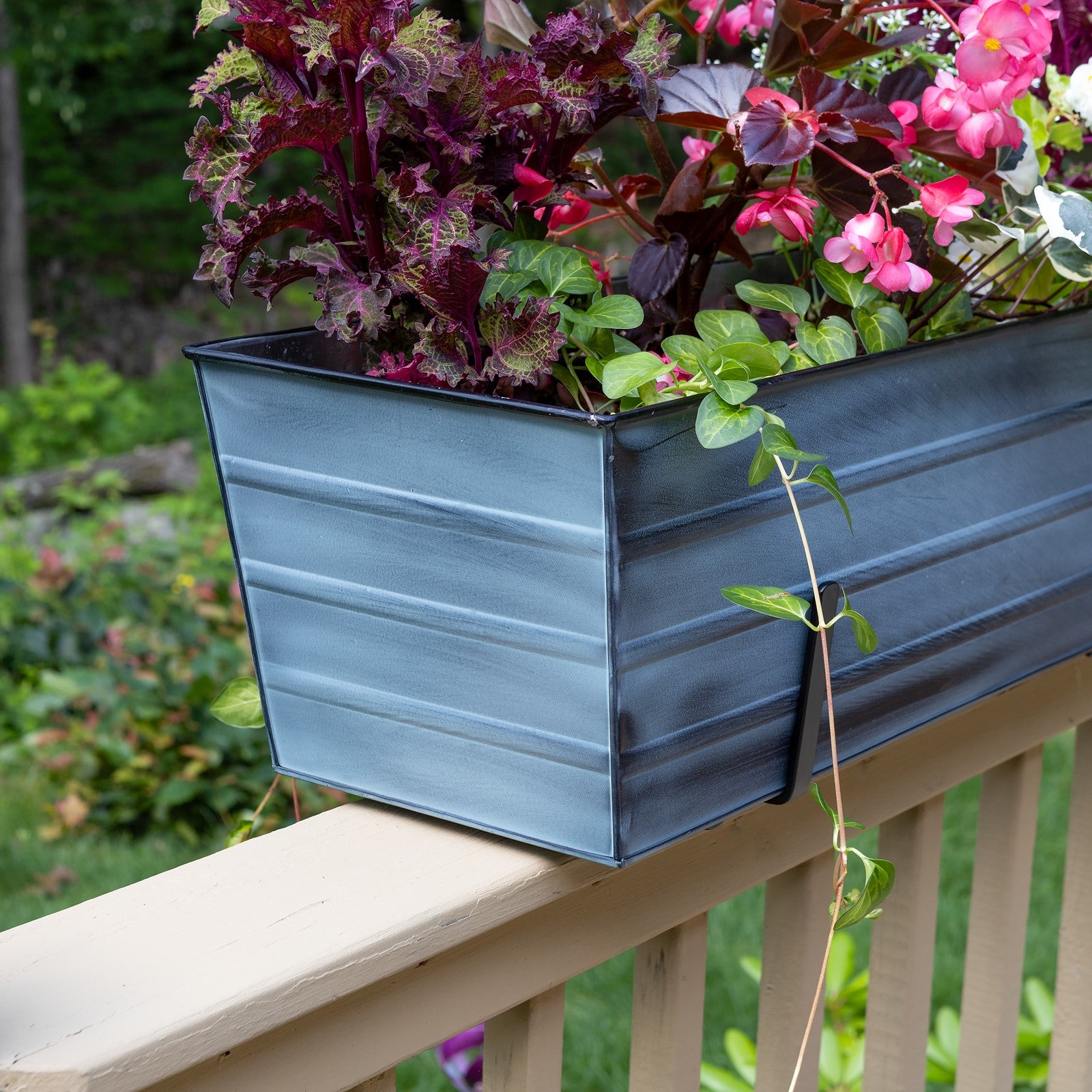 ACHLA Large Flower Box Kit | Nantucket Blue Galvanized Steel with Black Wrought Iron Brackets | Deck & Porch Railing Planter | Model C21NB-K6