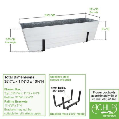 ACHLA Large Flower Box with Brackets for 2x6 Railings | Cape Cod White Galvanized Steel | Porch & Deck Planter | 35 x 12 x 11 in | Model C21W-K6