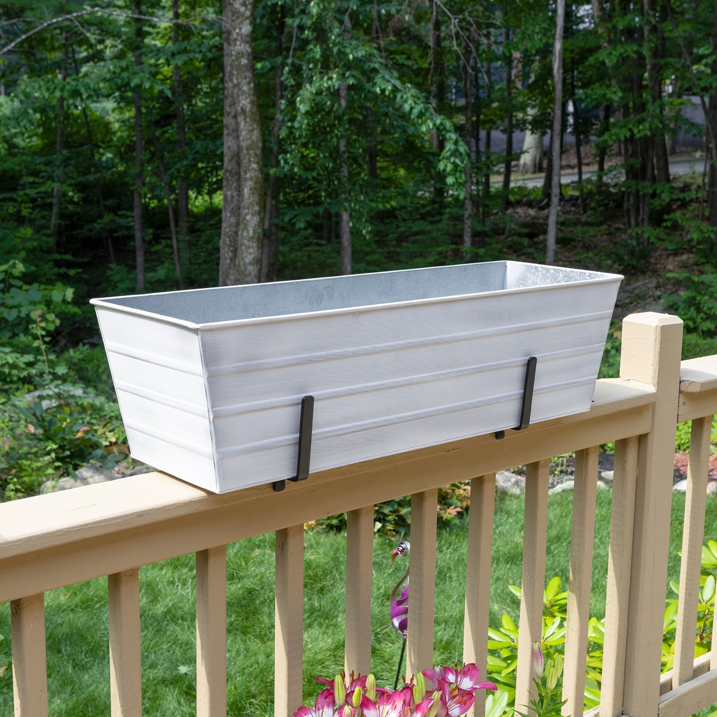 ACHLA Large Flower Box with Brackets for 2x6 Railings | Cape Cod White Galvanized Steel | Porch & Deck Planter | 35 x 12 x 11 in | Model C21W-K6