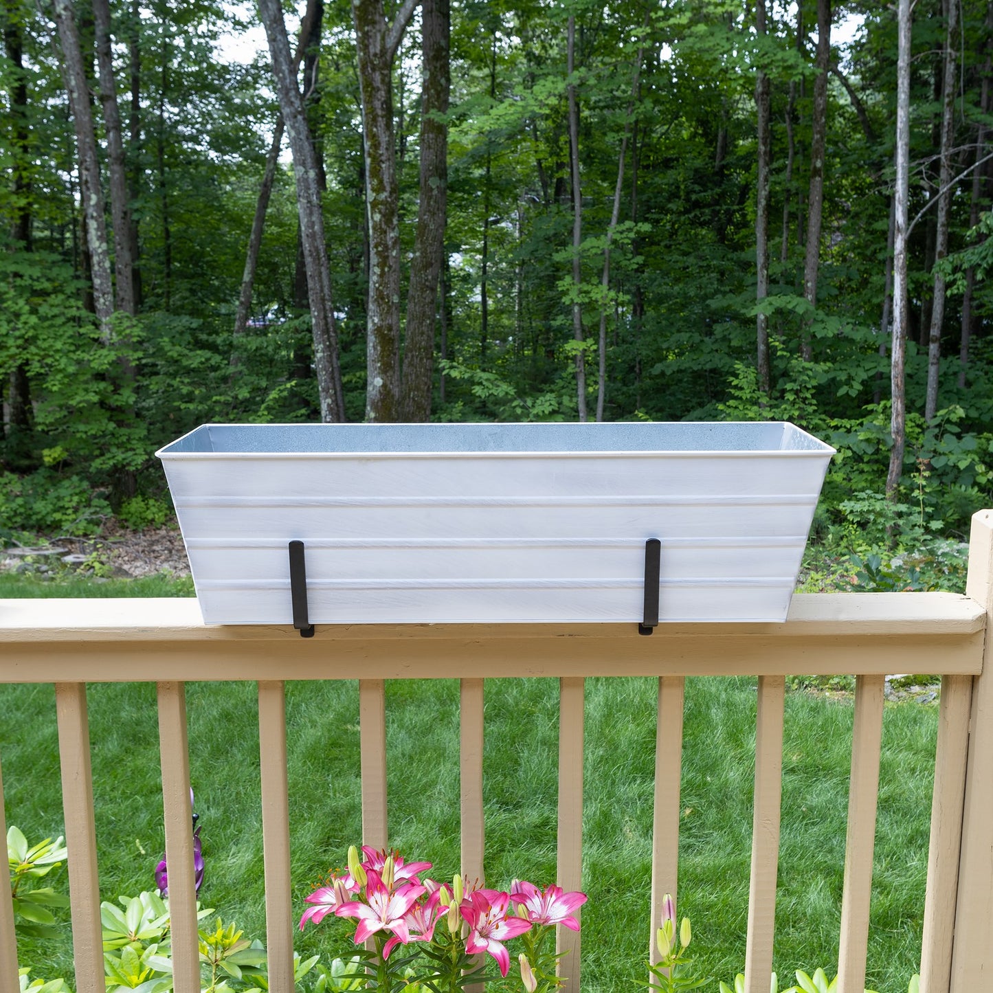 ACHLA Large Flower Box with Brackets for 2x6 Railings | Cape Cod White Galvanized Steel | Porch & Deck Planter | 35 x 12 x 11 in | Model C21W-K6