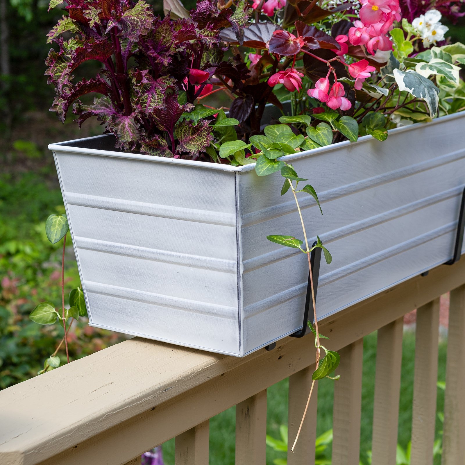 ACHLA Large Flower Box with Brackets for 2x6 Railings | Cape Cod White Galvanized Steel | Porch & Deck Planter | 35 x 12 x 11 in | Model C21W-K6