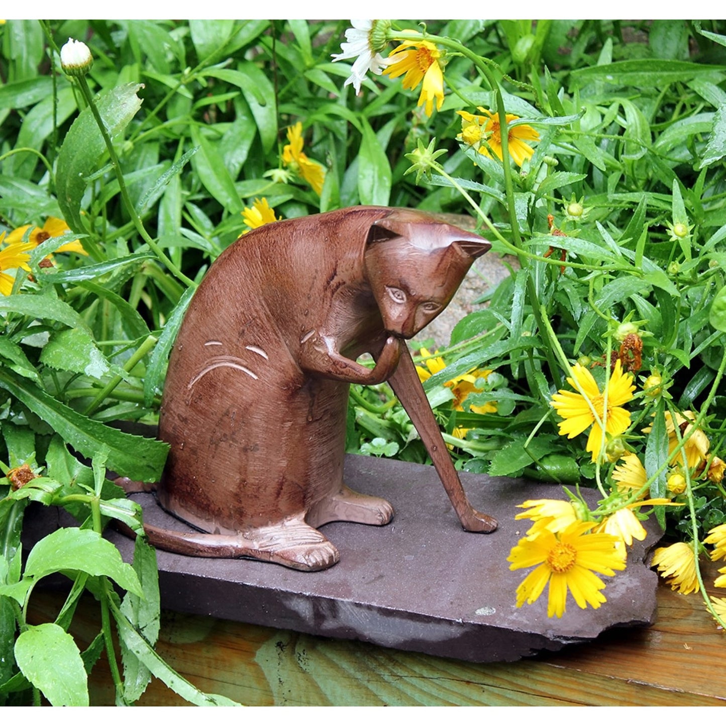 ACHLA Coy Cat 8.5in Garden Ornament | Dark Bronze Cast Aluminum | Patio & Garden Sculpture | 8 x 6 x 8.5 in | Model CAT-05