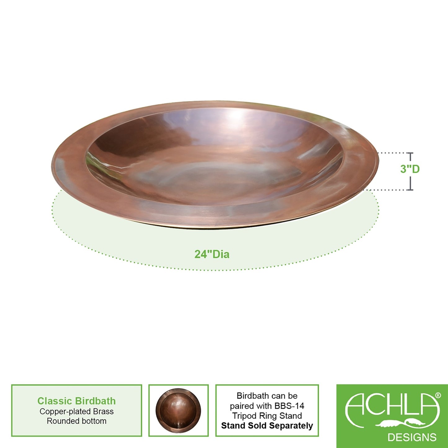 ACHLA Classic Birdbath 24in Round | Traditional Brass with Antique Copper Finish | Outdoor Garden & Patio Water Feature | Model CBB-01