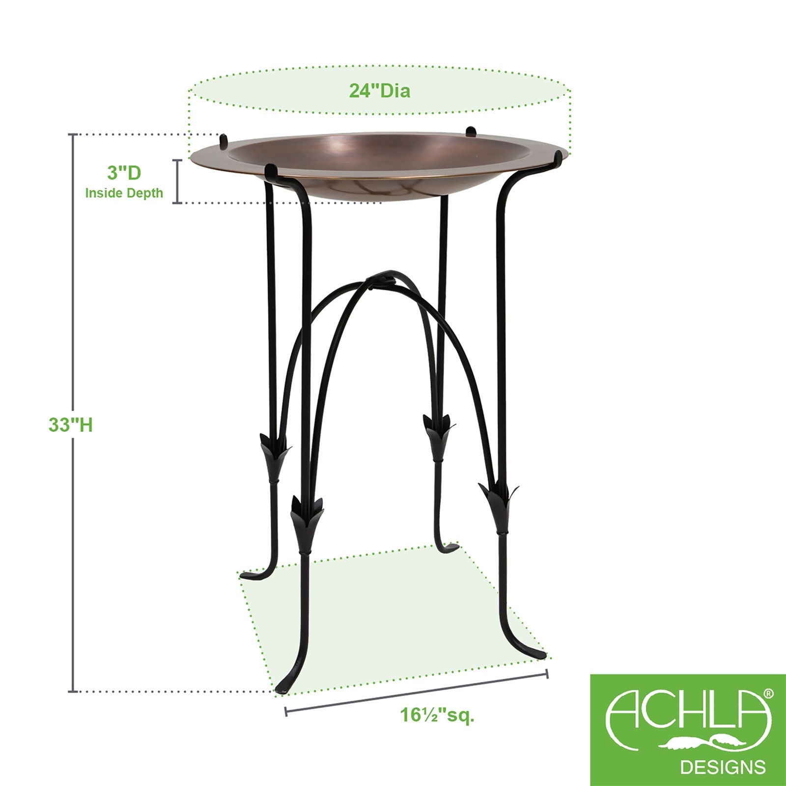ACHLA Phoebe 24in Birdbath and Stand | Antique Copper Brass Bowl on Black Wrought Iron Base | Garden & Patio Bird Bath | Model CBB-01-S15