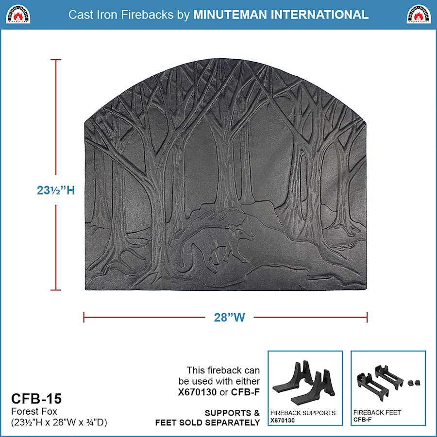 ACHLA Forest Fox Fireback | Cast Iron Matte Black Fireplace Decor | Hearth & Fireplace Accessory | 1 x 24 x 28 in | Model CFB-15