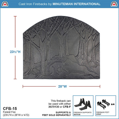 ACHLA Forest Fox Fireback | Cast Iron Matte Black Fireplace Decor | Hearth & Fireplace Accessory | 1 x 24 x 28 in | Model CFB-15