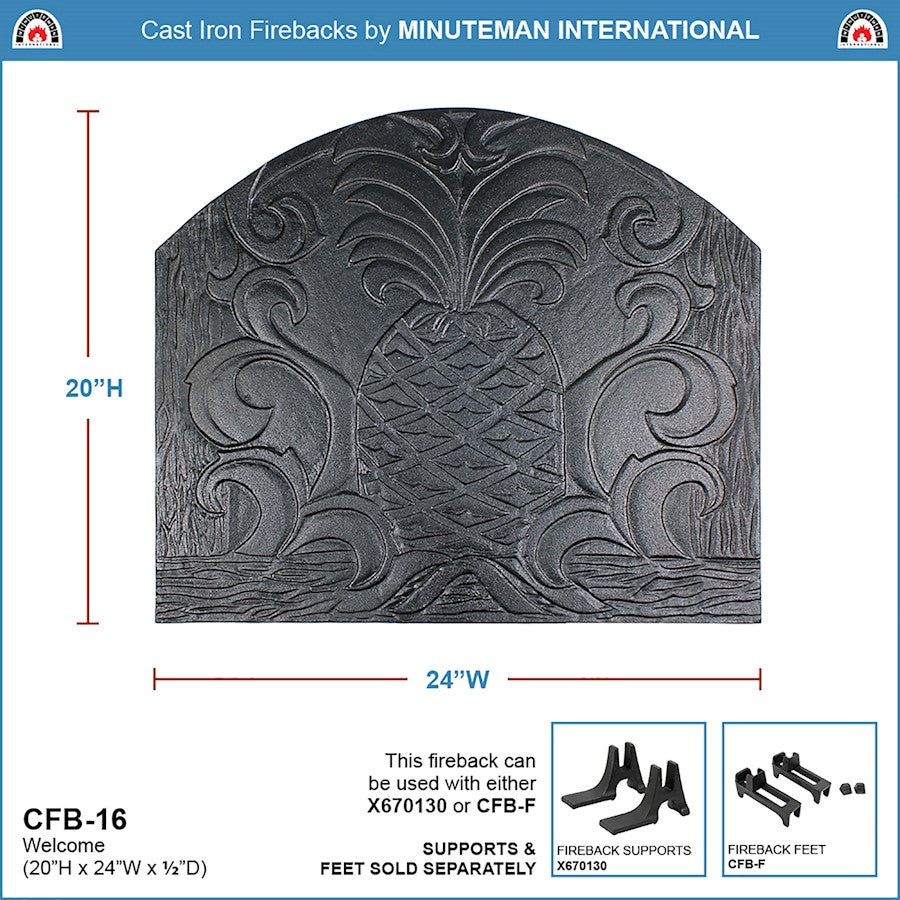 ACHLA Welcome Fireback CFB-16 | Cast Iron Matte Black Finish | Fireplace Hearth Floor Protection & Heat Reflection | 0.5 x 20 x 24 in | Model CFB-16