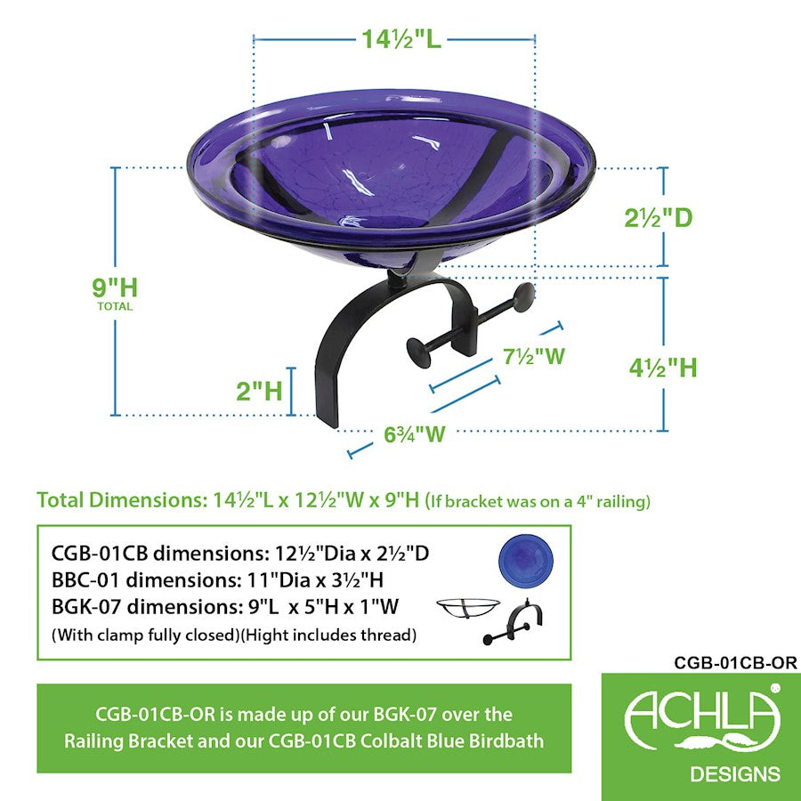 ACHLA 12" Crackle Bowl with Over Rail Bracket, Cobalt Blue