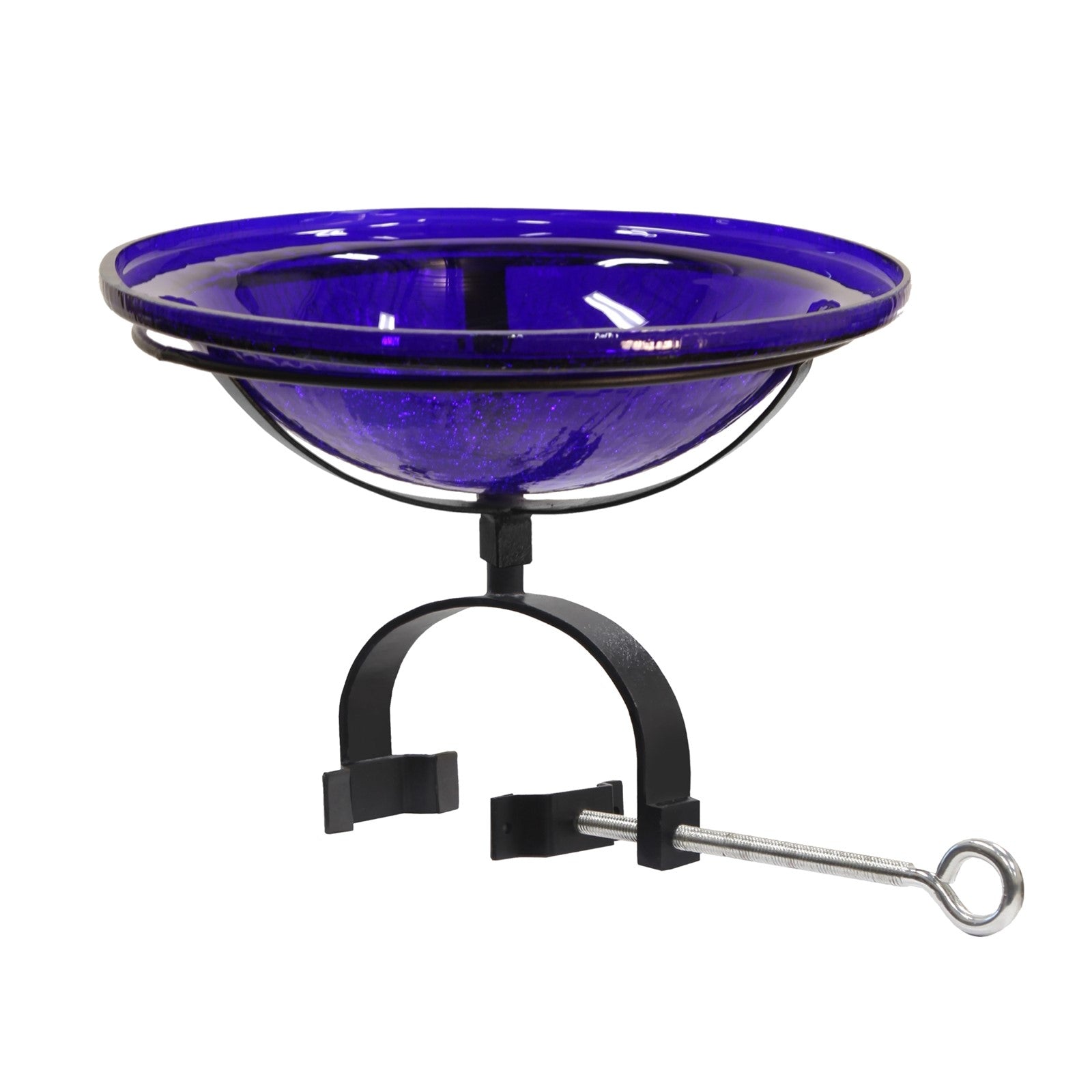 ACHLA Crackle Glass Birdbath with Over Rail Bracket | Cobalt Blue Hand-Blown Glass and Black Wrought Iron | Balcony, Porch & Deck | Model CGB-01CB-OR2