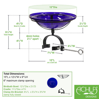 ACHLA Crackle Glass Birdbath with Over Rail Bracket | Cobalt Blue Hand-Blown Glass and Black Wrought Iron | Balcony, Porch & Deck | Model CGB-01CB-OR2
