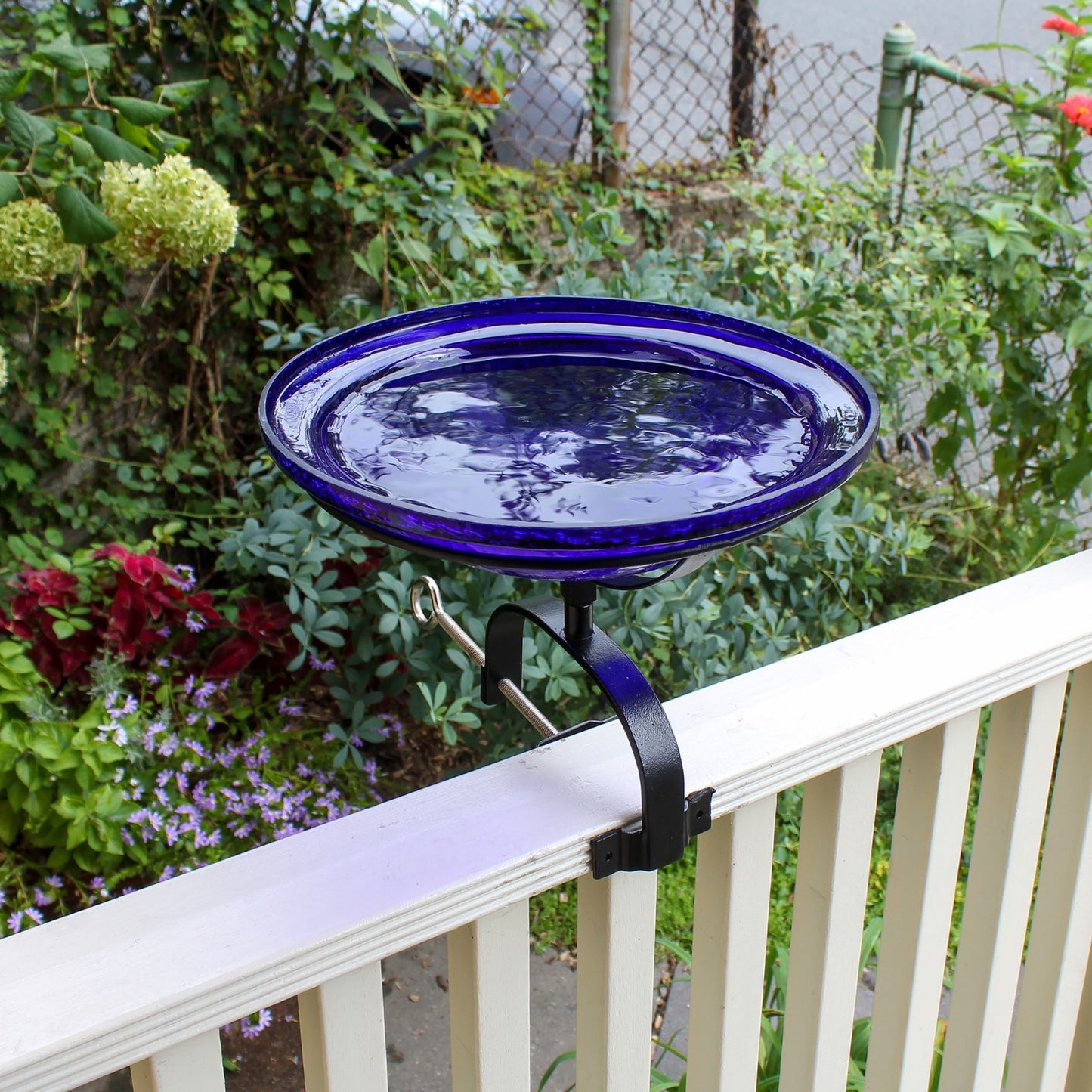 ACHLA Crackle Glass Birdbath with Over Rail Bracket | Cobalt Blue Hand-Blown Glass and Black Wrought Iron | Balcony, Porch & Deck | Model CGB-01CB-OR2