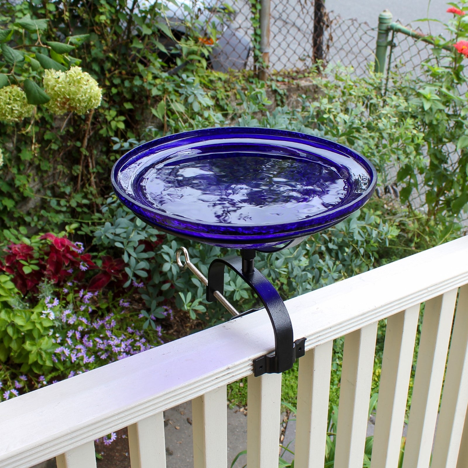 ACHLA Crackle Glass Birdbath with Over Rail Bracket | Cobalt Blue Hand-Blown Glass and Black Wrought Iron | Balcony, Porch & Deck | Model CGB-01CB-OR2