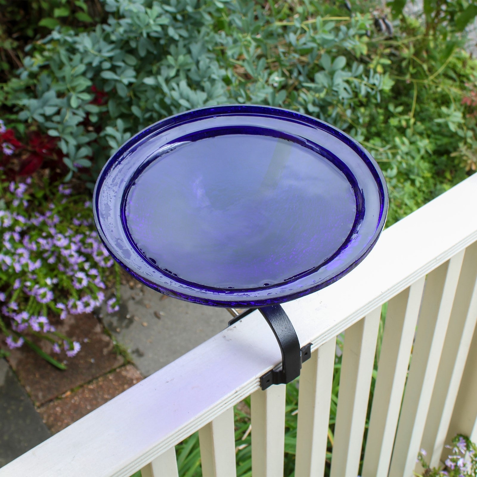 ACHLA Crackle Glass Birdbath with Over Rail Bracket | Cobalt Blue Hand-Blown Glass and Black Wrought Iron | Balcony, Porch & Deck | Model CGB-01CB-OR2