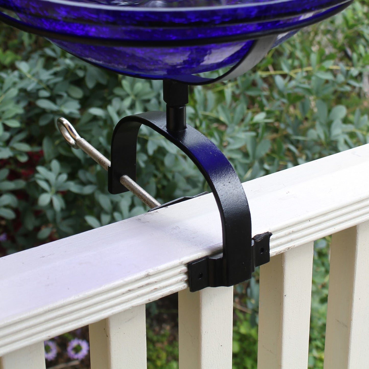 ACHLA Crackle Glass Birdbath with Over Rail Bracket | Cobalt Blue Hand-Blown Glass and Black Wrought Iron | Balcony, Porch & Deck | Model CGB-01CB-OR2