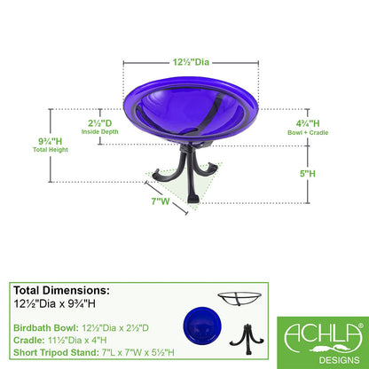 ACHLA 12in Crackle Glass Cobalt Blue Birdbath | Hand-Blown Glass Bowl on Wrought Iron Tripod Stand | Garden & Patio Accent | Model CGB-01CB-TR