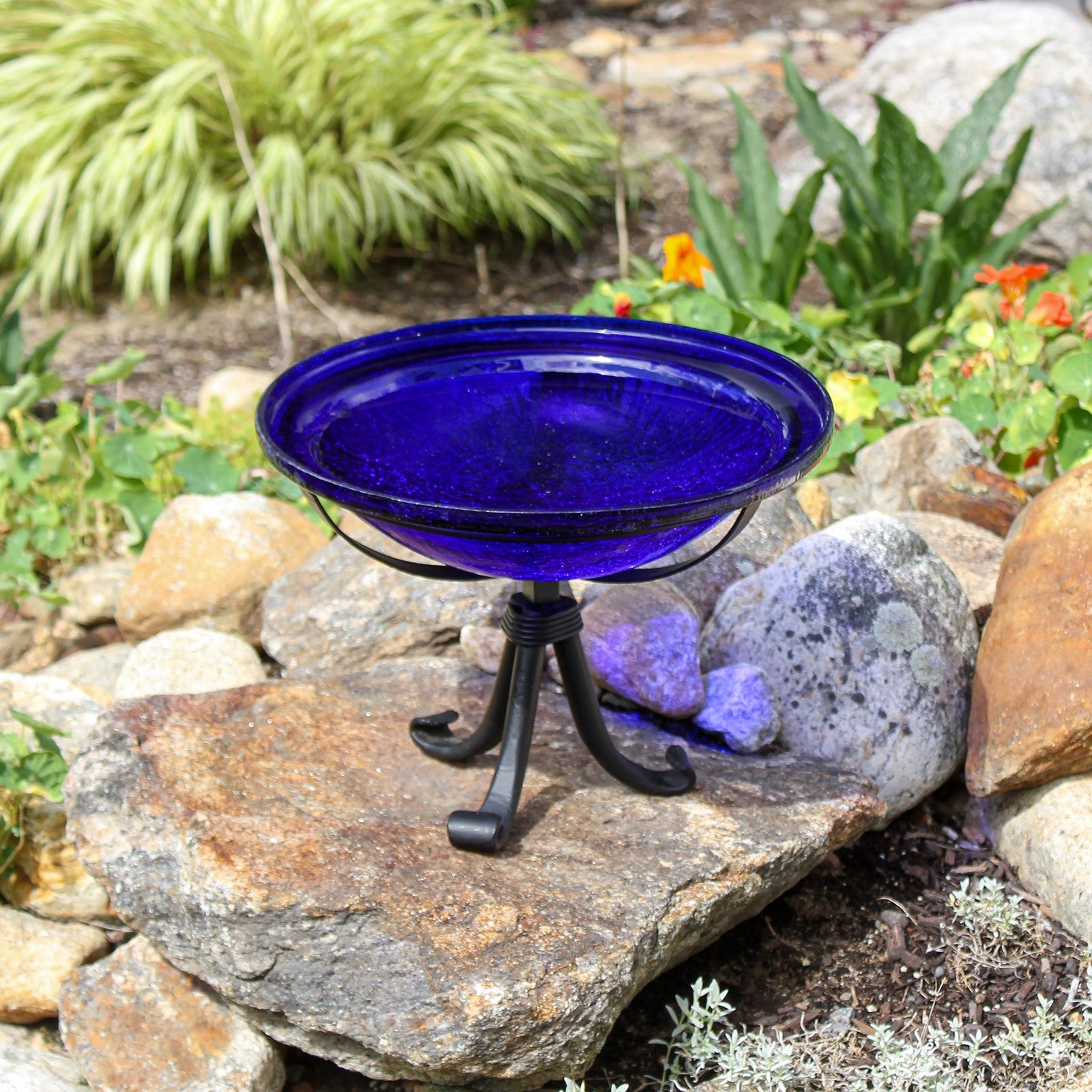 ACHLA 12in Crackle Glass Cobalt Blue Birdbath | Hand-Blown Glass Bowl on Wrought Iron Tripod Stand | Garden & Patio Accent | Model CGB-01CB-TR