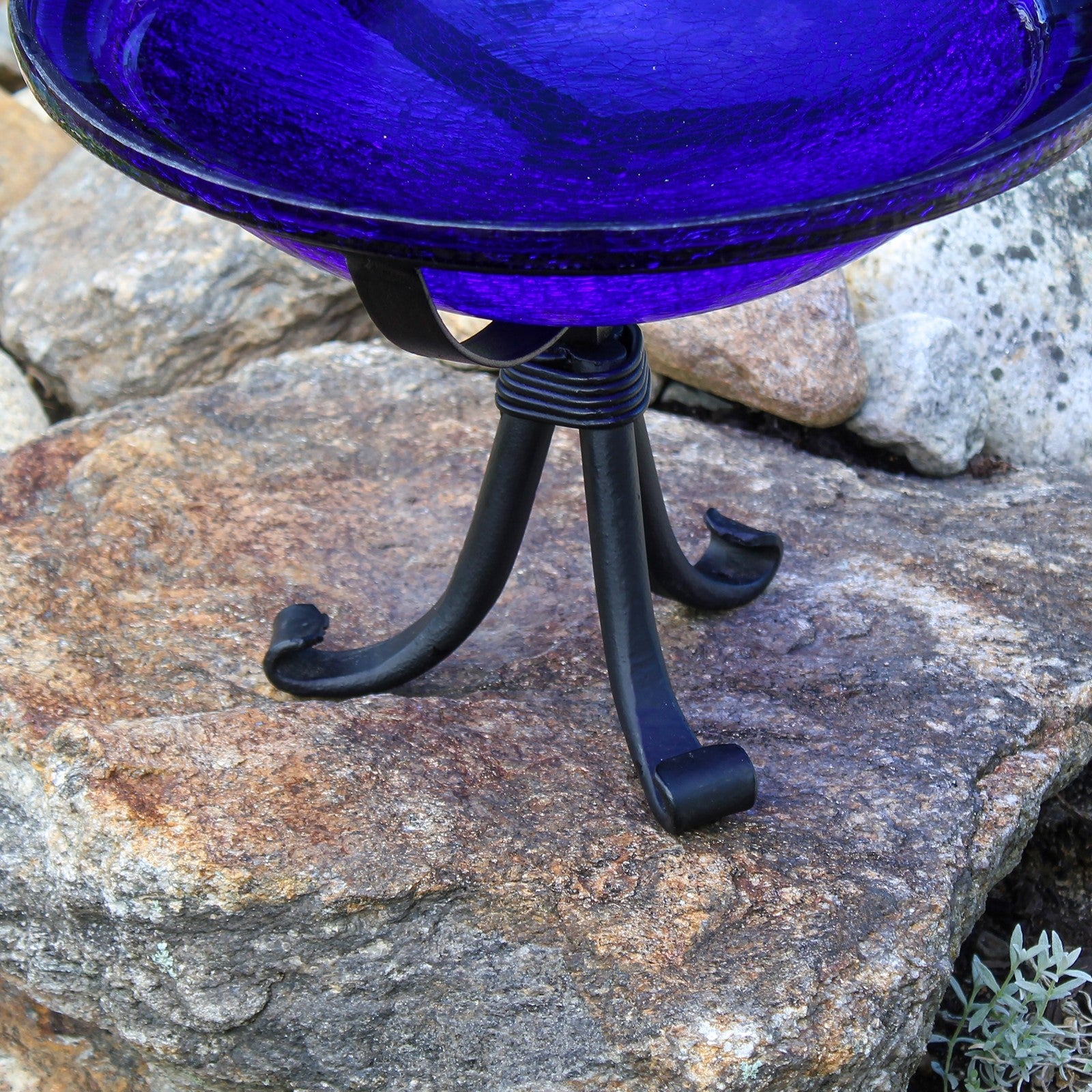 ACHLA 12in Crackle Glass Cobalt Blue Birdbath | Hand-Blown Glass Bowl on Wrought Iron Tripod Stand | Garden & Patio Accent | Model CGB-01CB-TR