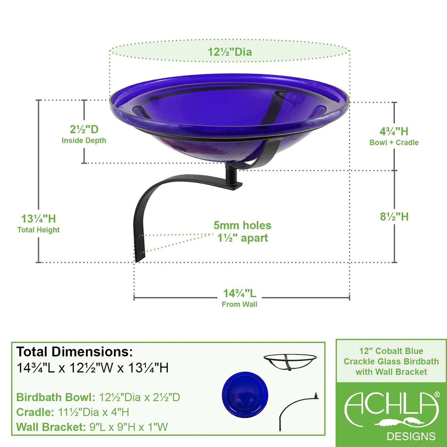ACHLA 12in Crackle Glass Birdbath Wall Mount | Cobalt Blue Hand-Blown Glass Bowl on Black Wrought Iron Bracket | Porch, Deck & | Model CGB-01CB-WM