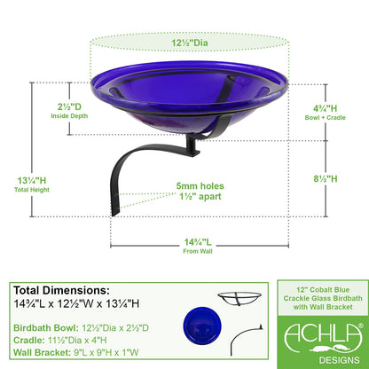ACHLA 12in Crackle Glass Birdbath Wall Mount | Cobalt Blue Hand-Blown Glass Bowl on Black Wrought Iron Bracket | Porch, Deck & | Model CGB-01CB-WM