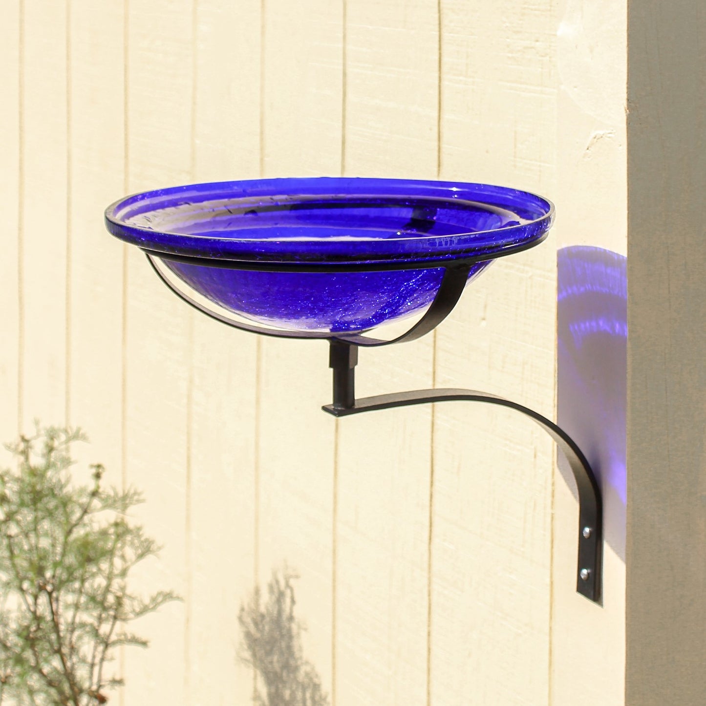 ACHLA 12in Crackle Glass Birdbath Wall Mount | Cobalt Blue Hand-Blown Glass Bowl on Black Wrought Iron Bracket | Porch, Deck & | Model CGB-01CB-WM