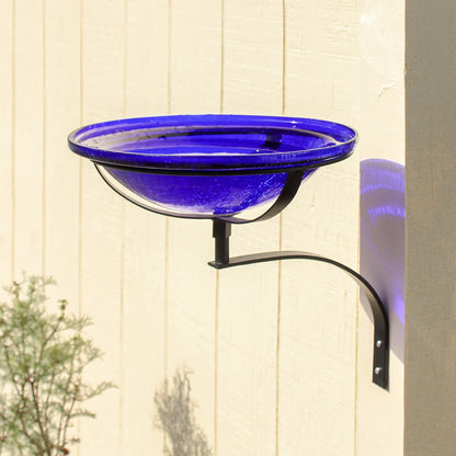 ACHLA 12in Crackle Glass Birdbath Wall Mount | Cobalt Blue Hand-Blown Glass Bowl on Black Wrought Iron Bracket | Porch, Deck & | Model CGB-01CB-WM