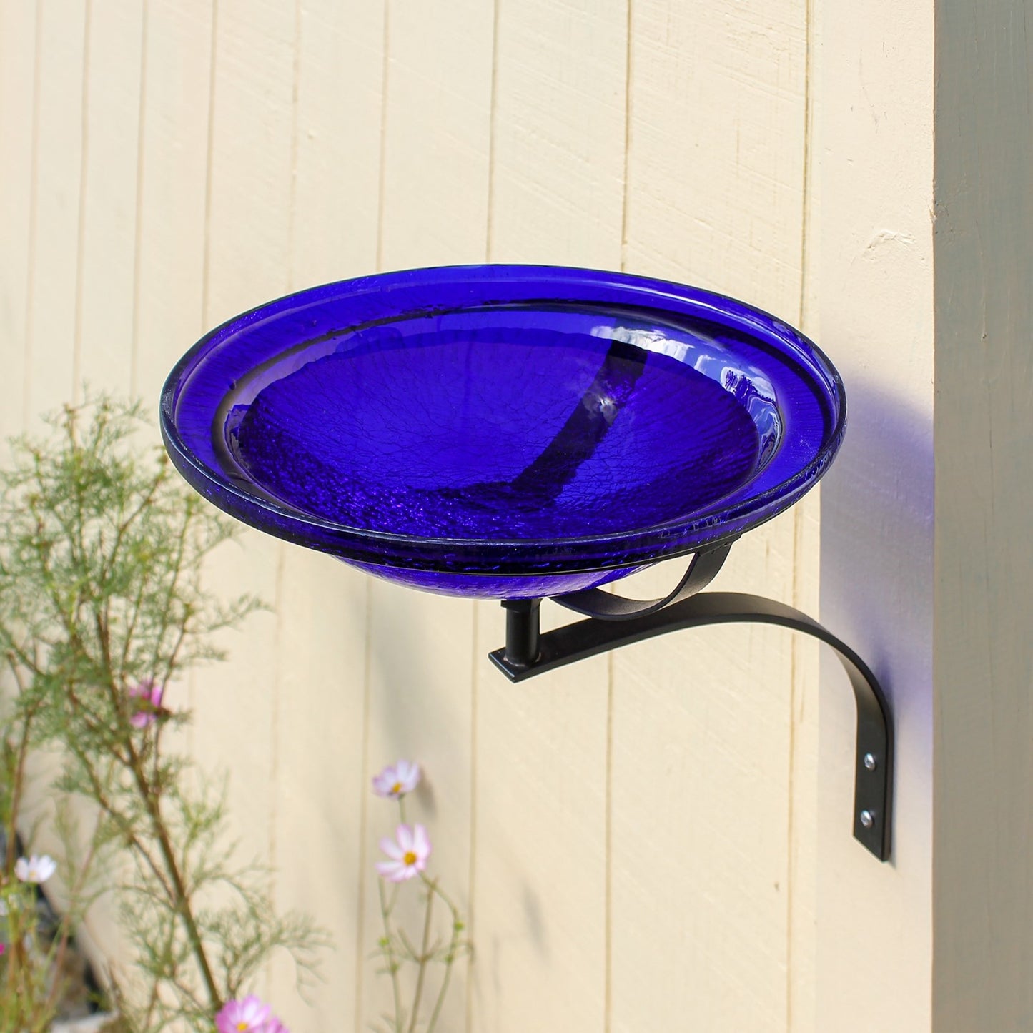 ACHLA 12in Crackle Glass Birdbath Wall Mount | Cobalt Blue Hand-Blown Glass Bowl on Black Wrought Iron Bracket | Porch, Deck & | Model CGB-01CB-WM