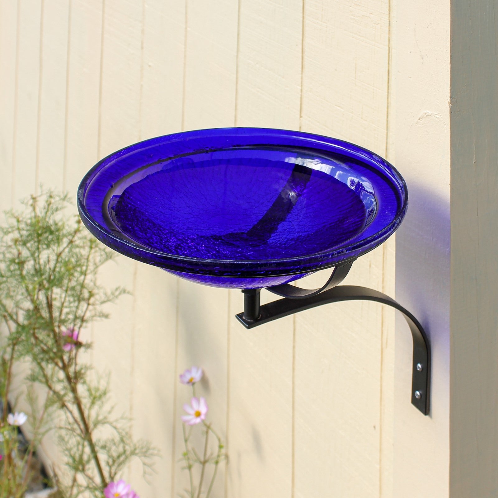 ACHLA 12in Crackle Glass Birdbath Wall Mount | Cobalt Blue Hand-Blown Glass Bowl on Black Wrought Iron Bracket | Porch, Deck & | Model CGB-01CB-WM