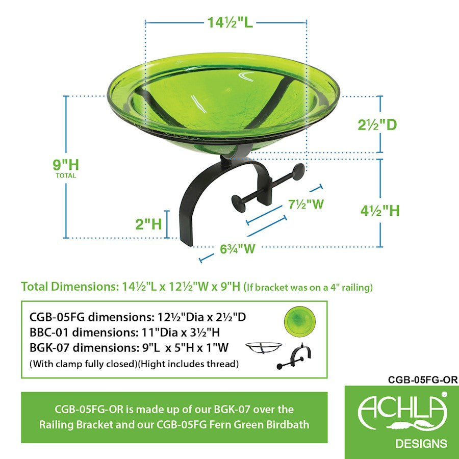 ACHLA 12" Crackle Bowl with Over Rail Bracket, Fern Green