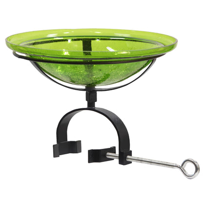 ACHLA Crackle Glass Birdbath with Over Rail Bracket | Fern Green Hand-Blown Glass and Black Wrought Iron | Balcony & Deck Rail | Model CGB-05FG-OR2