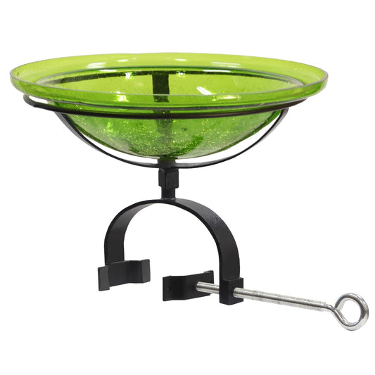ACHLA Crackle Glass Birdbath with Over Rail Bracket | Fern Green Hand-Blown Glass and Black Wrought Iron | Balcony & Deck Rail | Model CGB-05FG-OR2