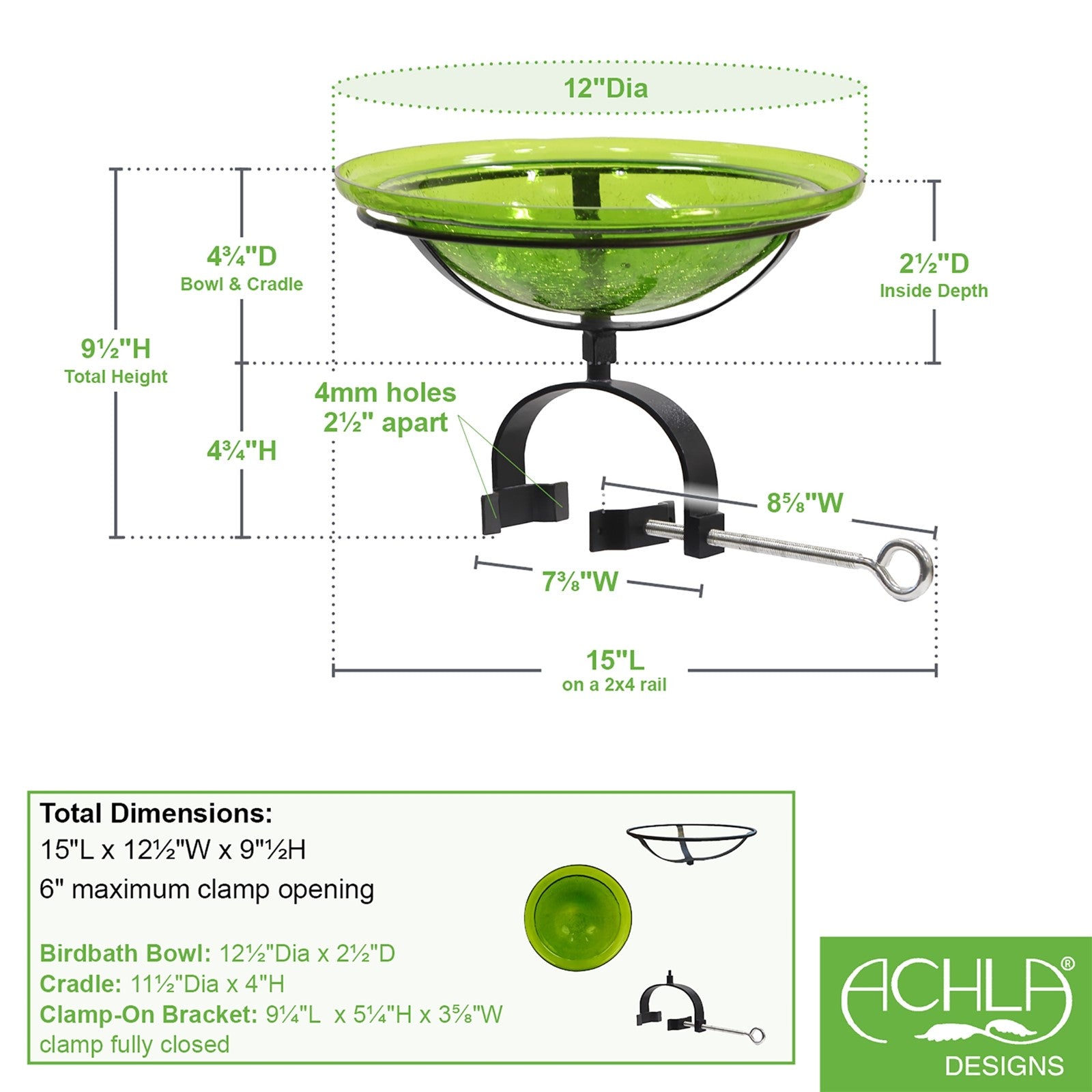 ACHLA Crackle Glass Birdbath with Over Rail Bracket | Fern Green Hand-Blown Glass and Black Wrought Iron | Balcony & Deck Rail | Model CGB-05FG-OR2