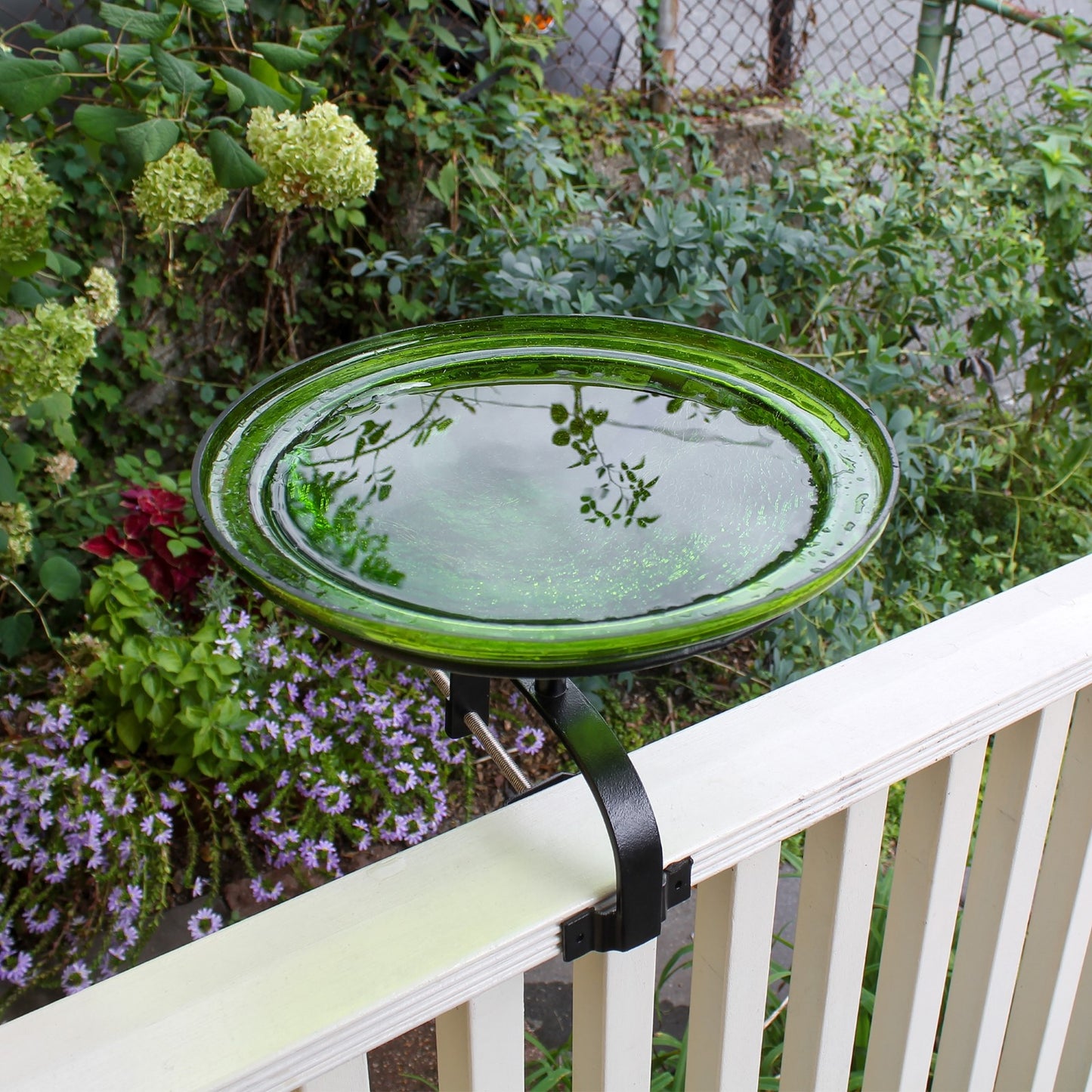 ACHLA Crackle Glass Birdbath with Over Rail Bracket | Fern Green Hand-Blown Glass and Black Wrought Iron | Balcony & Deck Rail | Model CGB-05FG-OR2