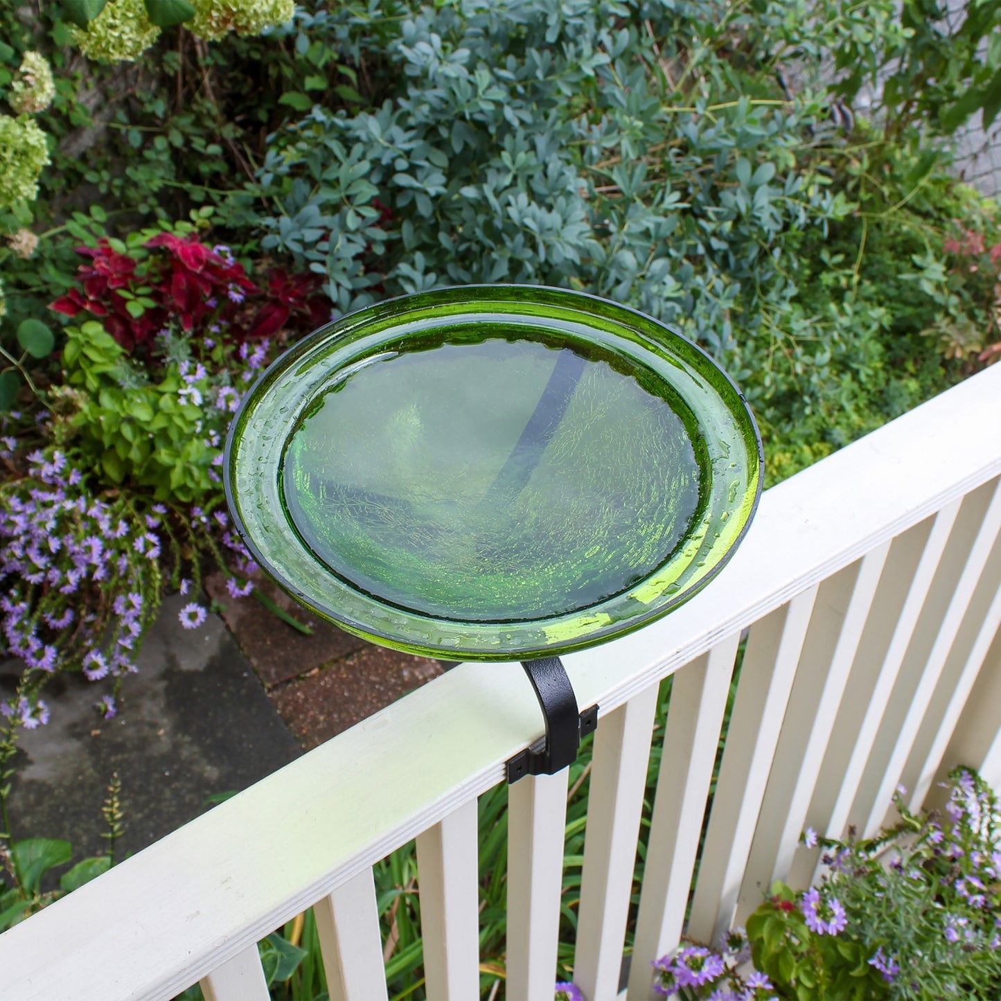 ACHLA Crackle Glass Birdbath with Over Rail Bracket | Fern Green Hand-Blown Glass and Black Wrought Iron | Balcony & Deck Rail | Model CGB-05FG-OR2