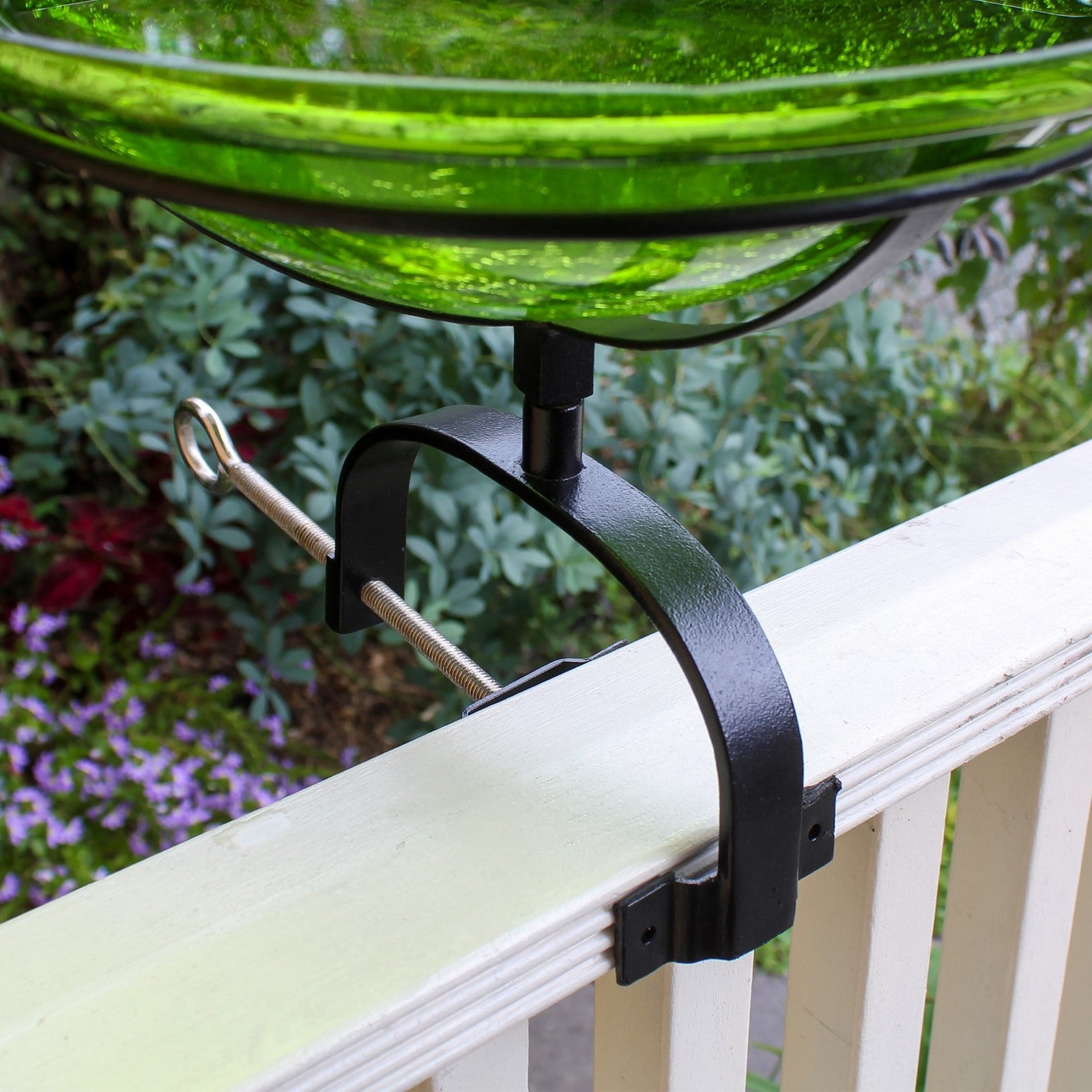 ACHLA Crackle Glass Birdbath with Over Rail Bracket | Fern Green Hand-Blown Glass and Black Wrought Iron | Balcony & Deck Rail | Model CGB-05FG-OR2