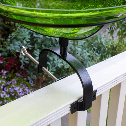 ACHLA Crackle Glass Birdbath with Over Rail Bracket | Fern Green Hand-Blown Glass and Black Wrought Iron | Balcony & Deck Rail | Model CGB-05FG-OR2